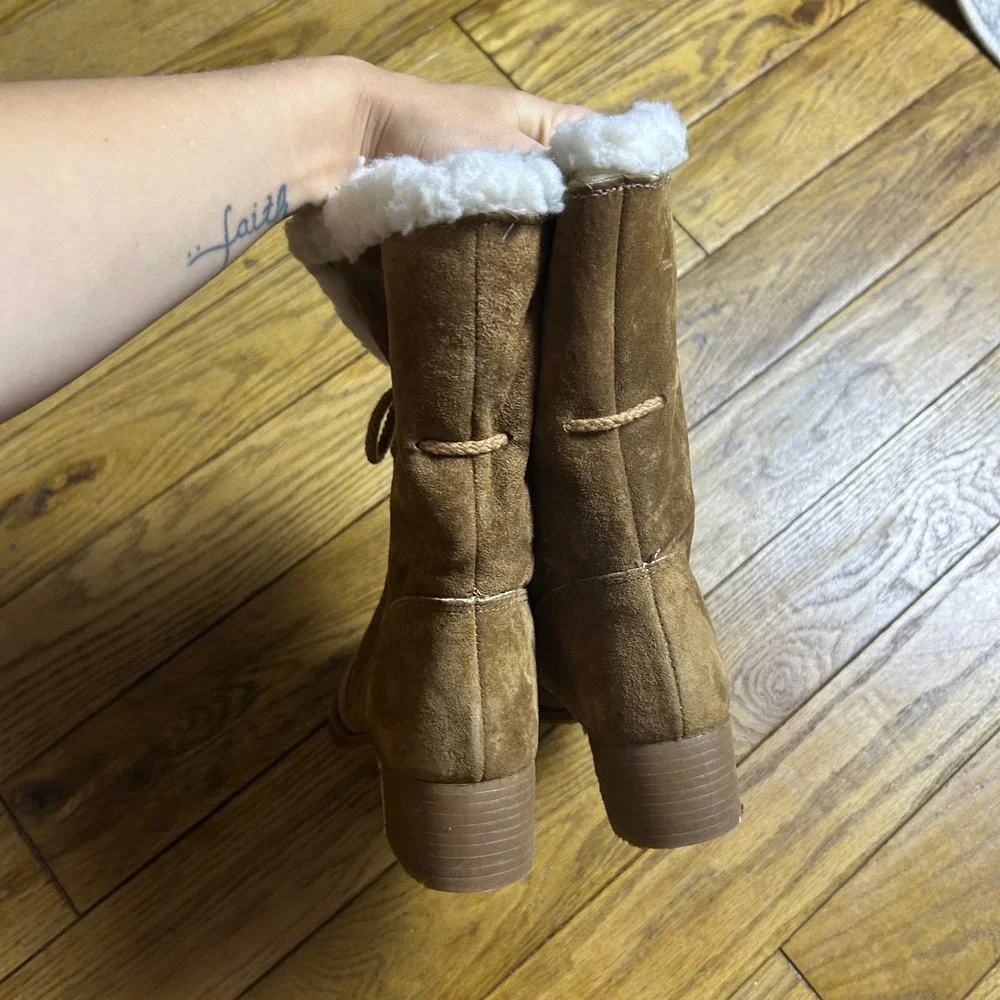Hush Puppies Brown Suede Shearling Lined Mid Calf Boots Vintage Made in USA 6M